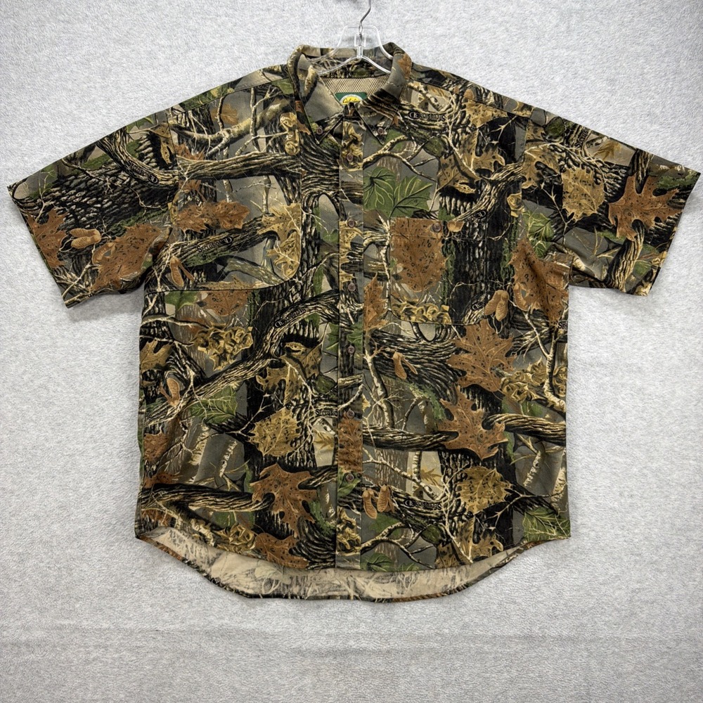 Cabelas Shooting Shirt Mens XL Green Camo Seclusion 3D Hunting Fishing Vented